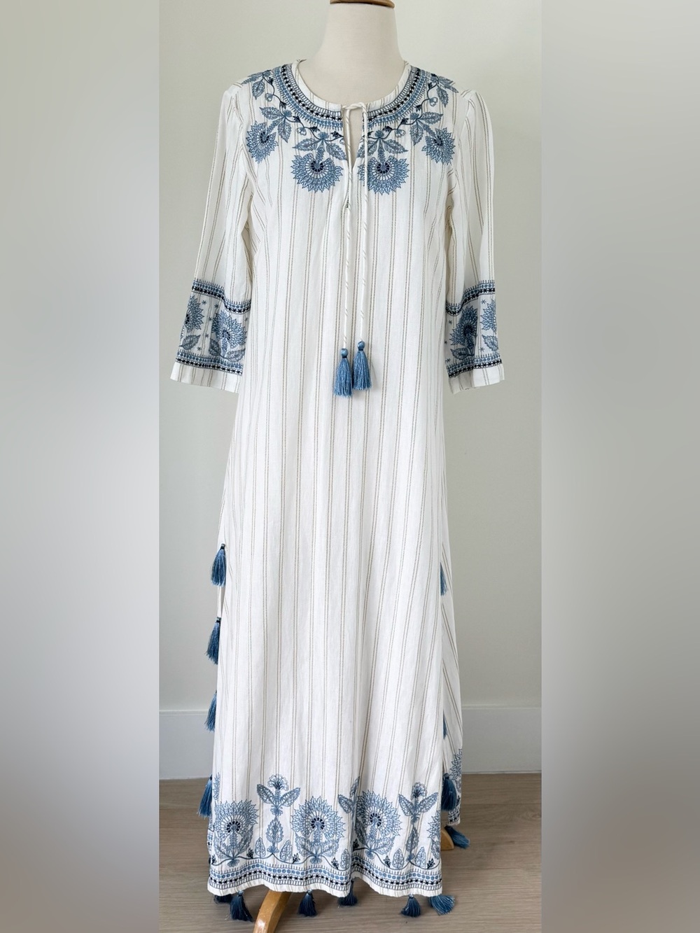 Roller Rabbit ~ Blue White Stripe Embroidered Tassel Cotton Maxi Kaftan Small